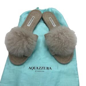 AQUAZZURA Foxy Faux Shearling Pom-Pom Flat Sandals Size 38